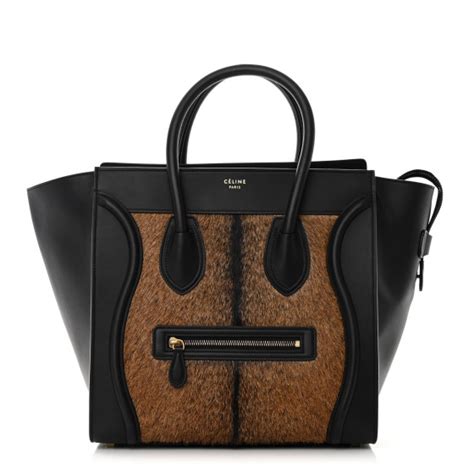 CELINE Smooth Calfskin Goat Fur Mini Luggage Brown